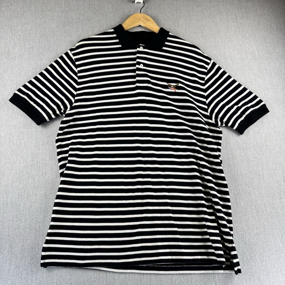 American Living Polo Shirt Mens‎ L Black White Striped Eagle USA Cotton